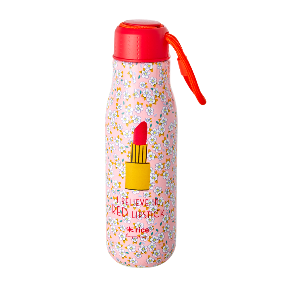 Pink Flower & Lipstick  Print Stainless Steel Water Bottle By Rice DK